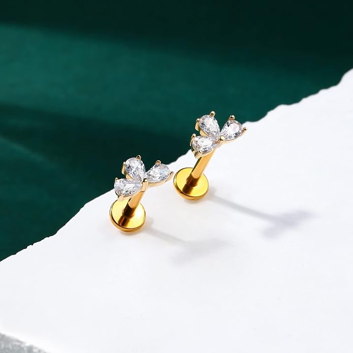 Cocharm 14K Solid Gold Cartilage Earring - 16g Flower Yellow Gold Flat Back Helix Stud, 14K Gold Push in Tragus Earring, Threadless Conch Stud