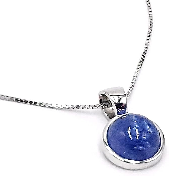 Natural gemstone 8mm round pendant with white gold over 925 sterling silver bezel cabochon plate and box chain, real genuine dainty birthstone gift for her, uniquelan jewelry