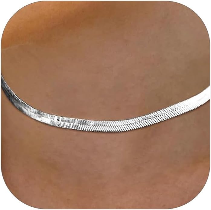 FOCALOOK 14K Gold Plated Necklaces for Women, Fashion Herringbone Choker Necklace Stainless Steel Flat Snake Chain 3/5MM(W) 12.5"/15"/18"+3.5"(L)