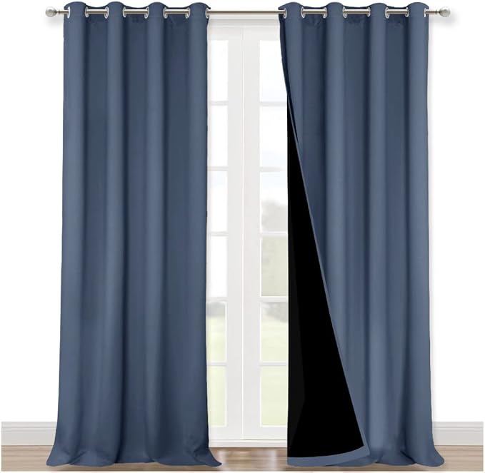 NICETOWN 100% Blackout Curtains for Windows, Pack of 2, Stone Blue, 52" W x 120" L, Super Heavy-Duty Black Lined Total Darkness Drapes for Bedroom, Privacy Assured Window Treatment for Patio