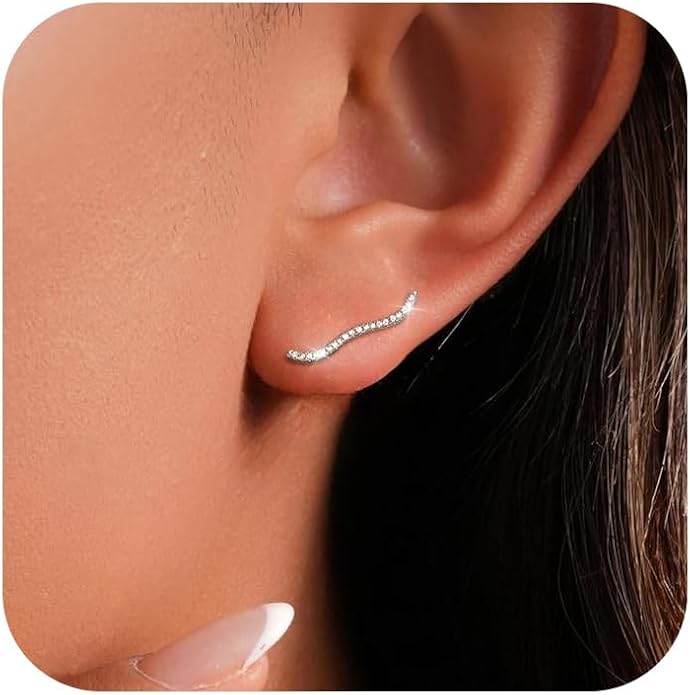 925 Sterling Silver Ocean Wave Crystals Ear Cuffs Climber Cartilage Earrings for Women, Dainty White CZ Trendy Earring Jewelry Hypoallergenic Fashion Earring Jewelry Gift for Birthday Wedding