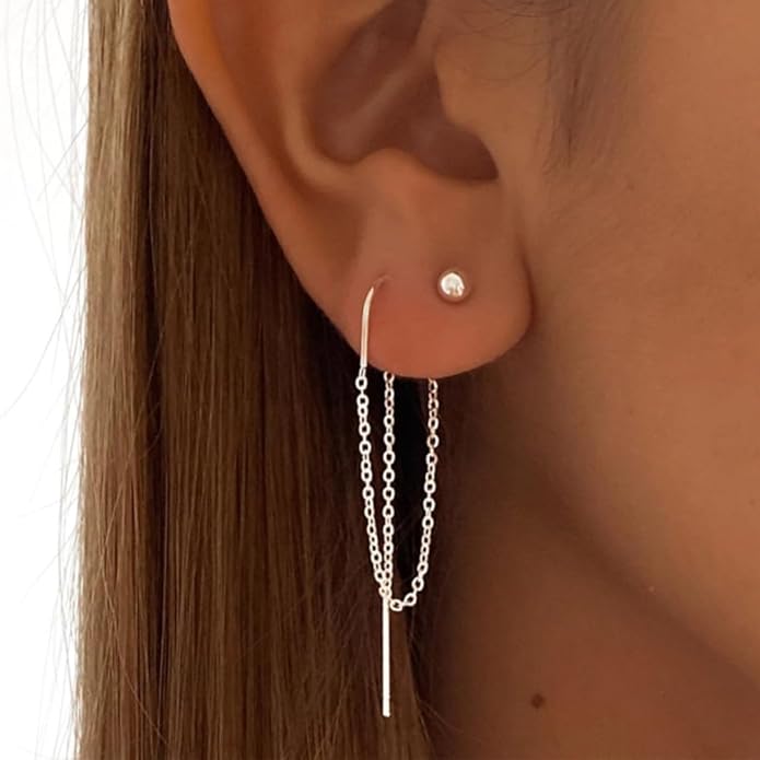 Sterling Silver Threader Chain Earrings for Women Girls Long Chains Tassel Dangle Drop Double Piercing Studs Earring Hypoallergenic Cute Birthday Holiday Travel Accessories Jewelry Gifts