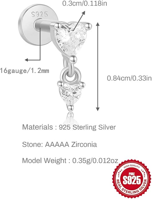 1PC Sterling Silver 925 Flat Back Helix Piercing Jewelry Cartilage Earring for Women 16G Heart CZ Dangle Internally Threaded Tragus Conch Stud Daith Screw Gift