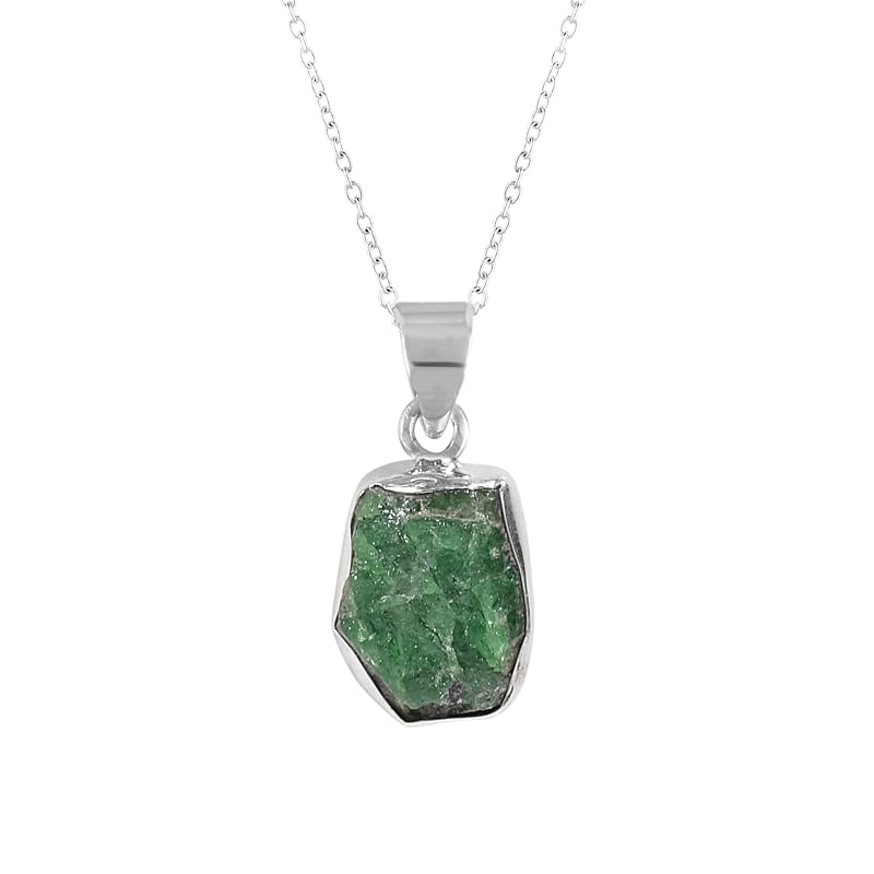 Natural Real Raw Tsavorite Garnet Crystals Bezel Pendant Necklace, Birthstone, Healing Rough Gemstone, Silver Plated Jewelry 18 inch (1 pendant)