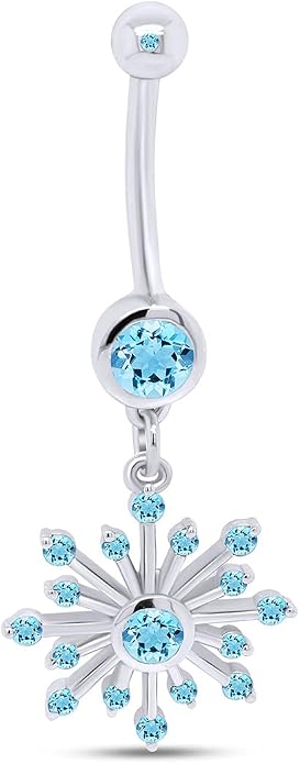 AFFY Snowflake Belly Button Ring for Women Simulated Birthstone, Round Cut Gemstone in 14K Gold Over 925 Sterling Silver, Navel Barbell Piercing Jewelry for Her