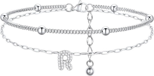 FindChic Silver/14K Gold Plated Layered CZ Initial Ankle Bracelet for Women | Waterproof Stainless Steel, Cubic Zirconia Letter Charm, Non-Tarnish, Hypoallergenic, Adjustable Extender, Summer Jewelry