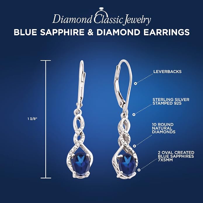 Lab Created Blue Sapphire Earrings Diamond Accent in Sterling Silver - Lever Backs