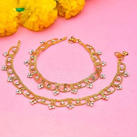 Jewar Anklet Payal Indian Traditional CZ Ad Plain Simple Handmade Natural Gold Plated Jewelry