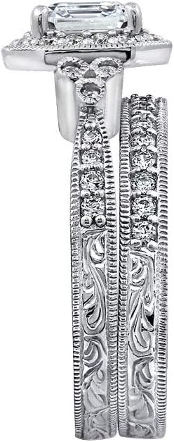 Amazon Essentials Platinum or Gold Plated Sterling Silver Antique Ring set with Asscher-Cut Infinite Elements Cubic Zirconia