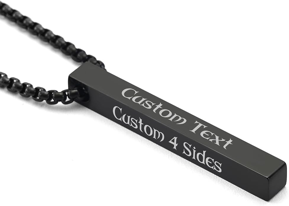Fathers Day Custom Gifts Personalized 3D Bar Vertical Pendant Necklace - Custom 4 Sided Text Necklace Engraved Cuboid Stick Necklace