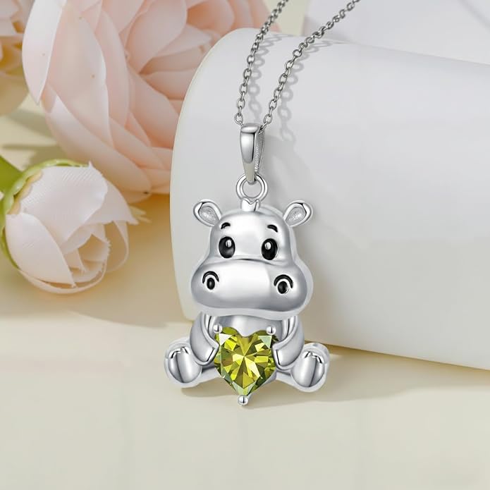 PROESS Animal Birthstone Necklace 925 Sterling Silver Otter/Axolotl/Hippo/Elephant/Dachshund/Monkey/Red Panda Pendant Necklace Animal Birthstone Jewelry Gifts for Women
