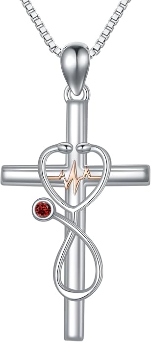 HPQQ Gifts for Nurse Sterling Silver Stethoscope Cross Necklace Nurses Birthstone Jewelry Nursing Themed Medicine Nurses Week Graduation Gifts Doctor Medical Student RN