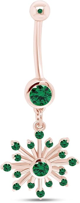 AFFY Snowflake Belly Button Ring for Women Simulated Birthstone, Round Cut Gemstone in 14K Gold Over 925 Sterling Silver, Navel Barbell Piercing Jewelry for Her