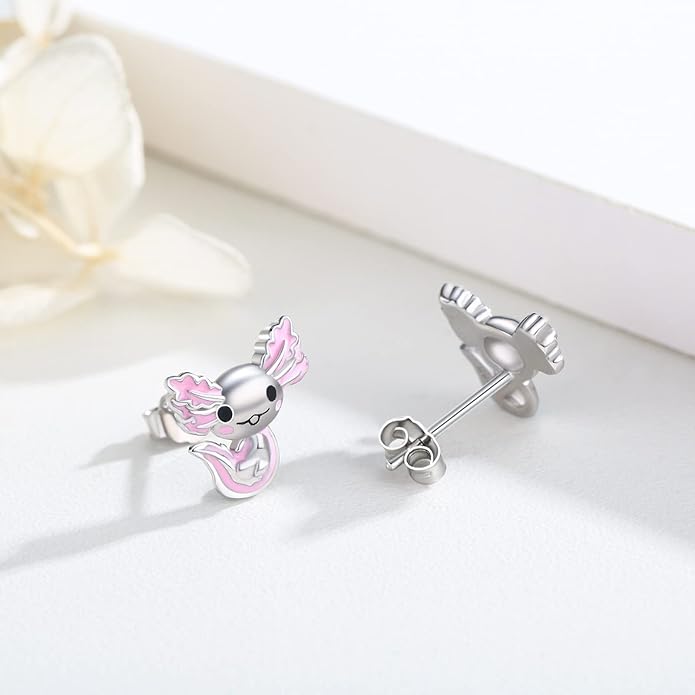 925 Sterling Silver Axolotl Earrings White Gold/Rose Gold Axolotl Jewelry for Women Girls Pink/Blue Axolotl Gifts