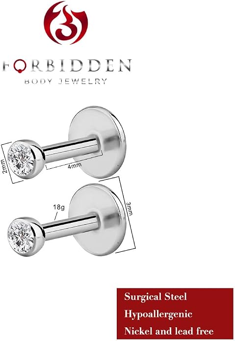 Forbidden Body Jewelry Surgical Steel Earrings Internally Threaded Micro CZ Gem Top Tragus/Helix/Labret Stud with 2mm Top 18G (4mm-10mm)