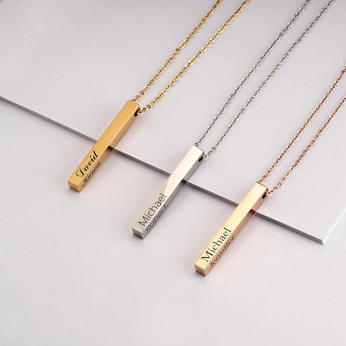 MeMoShe Custom Name Necklace Personalized 3D Engraved Bar 18K Gold Plated Customized Name Jewelry with Adjustable Chain Charm Birthday Gifts for Women Men