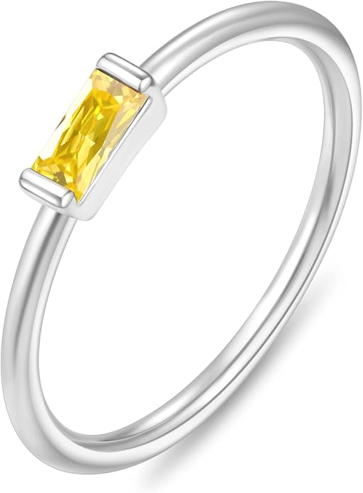 RLMOON Birthstone Rings for Women Non Tarnish Gold Stackable Rings Dainty 14K Gold/Silver Plated Baguette CZ Emerald Green Pinky Ring Personalized Jewelry Gift for Birthday Size 4-10