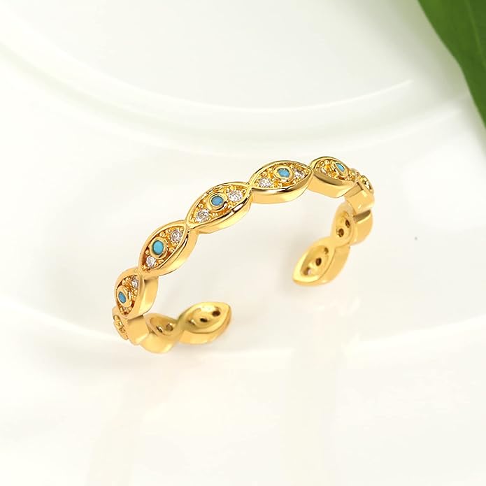 Lit Wall 3Pcs Evil Eye Rings for Women 18K Gold Plated Cubic Zirconia Open Ring Set Adjustable Eye Ring for Women