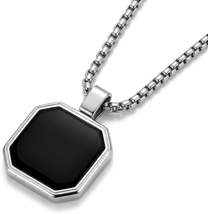 Galis Mens Necklace - Premium Stainless Steel Silver Chain Necklace, Non Tarnish, Chains, Triangle, Cross, Black Enamel, Compass Pendant, Stylish Jewelry - Gift for Him 24"