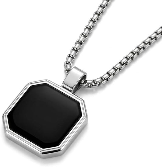 Galis Mens Necklace - Premium Stainless Steel Silver Chain Necklace, Non Tarnish, Chains, Triangle, Cross, Black Enamel, Compass Pendant, Stylish Jewelry - Gift for Him 24"