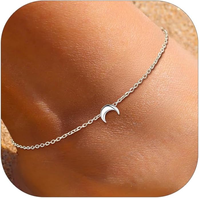 ChicSilver Personalized 925 Sterling Silver Tiny Heart/Moon/Star/Sun/Dot/Triangle Anklets Simple Dainty Foot Jewelry for Women, Silver/Gold Plated/Rose Gold Plated