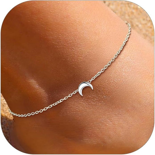 ChicSilver Personalized 925 Sterling Silver Tiny Heart/Moon/Star/Sun/Dot/Triangle Anklets Simple Dainty Foot Jewelry for Women, Silver/Gold Plated/Rose Gold Plated