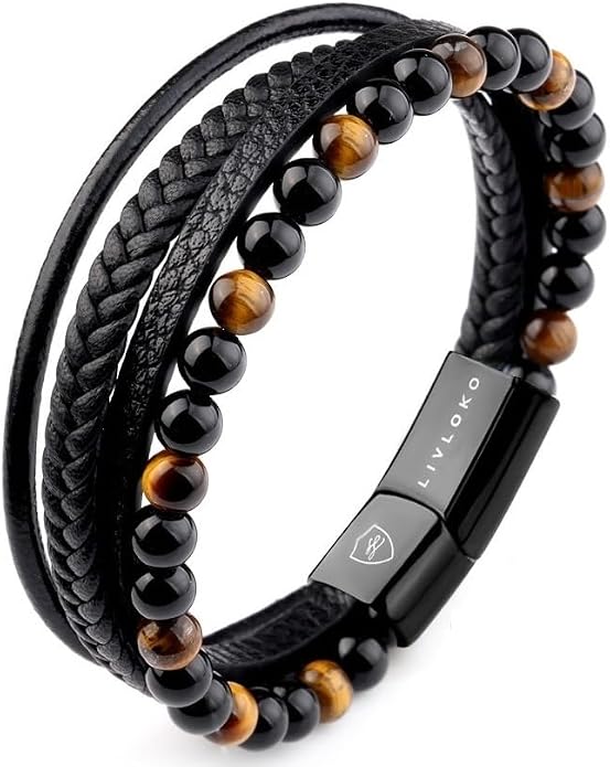 LONDON Mens Bracelet Leather Black Multi-Layer Stone Beads Adjustable Steel Clasp Viking Rope Bands Surfer Man Wristband Male UK Jewellery Gift box Boyfriend Dad Son Brother Tiger Eye