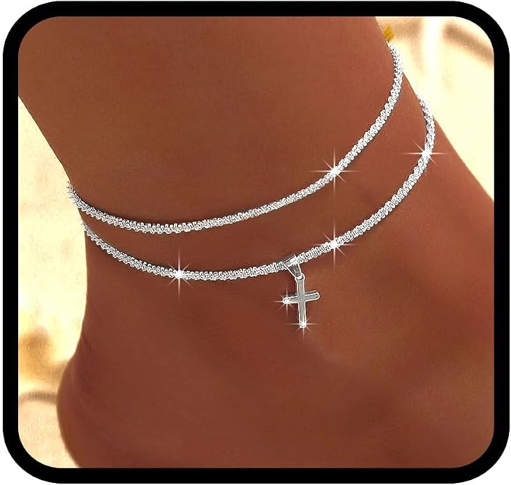 Yalice 925 Sterling Silver Ankle Bracelets for Women Dainty 14K Gold Plated Anklets Set Shiny Waterproof Ankle Chain Cross Beach Foot Jewelry Gifts
