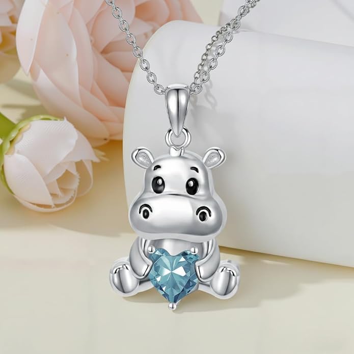 PROESS Animal Birthstone Necklace 925 Sterling Silver Otter/Axolotl/Hippo/Elephant/Dachshund/Monkey/Red Panda Pendant Necklace Animal Birthstone Jewelry Gifts for Women