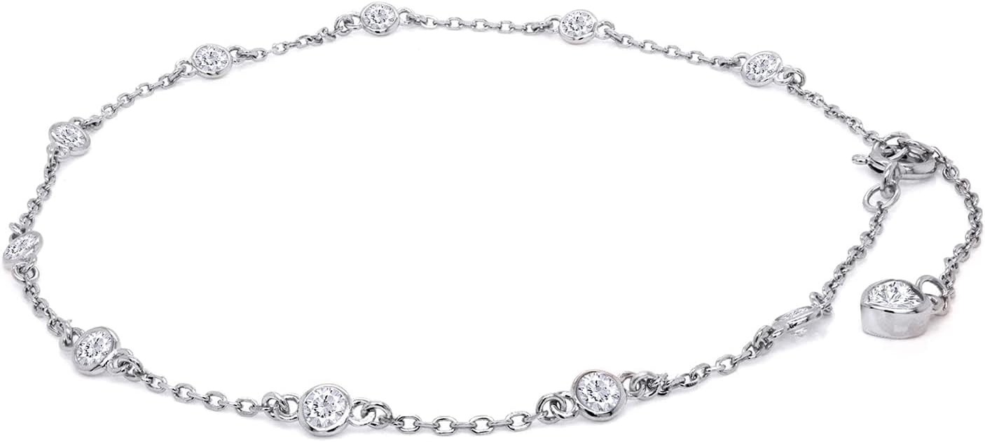 Station Anklet Bracelet For Women 3MM Round Lab Created Moissanite Bezel Set Single Piece Dainty Link Chain Anklet in 14K Gold Plated 925 Sterling Silver 8" to 10" Fine Jewelry