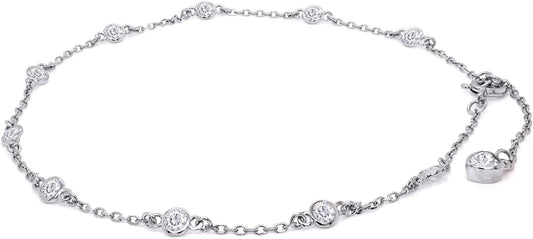 Station Anklet Bracelet For Women 3MM Round Lab Created Moissanite Bezel Set Single Piece Dainty Link Chain Anklet in 14K Gold Plated 925 Sterling Silver 8" to 10" Fine Jewelry