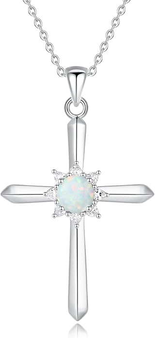 FANCIME Birthstone Cross Necklace for Women Sterling Silver Birthstone Necklace Halo Infinity Cross Pendant Necklace Fine Jewelry Valentines Day Gifts Birthday Holiday Gifts for Her, 16"+2" Inches