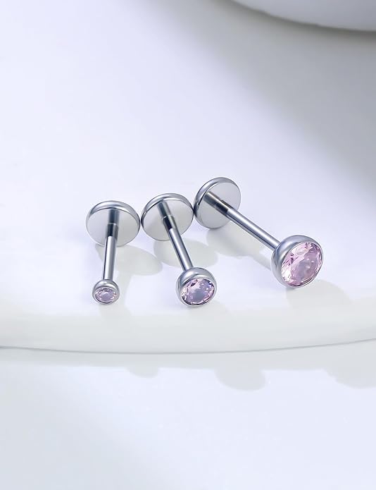 20G 18G 16G Astm F136 Titanium Internally Threaded Flat Back Earrings Nose Rings Studs G23 Titanium Tragus Helix Conch Cartilage Earrings Studs Piercing Jewelry For Women Men Clear Pink CZ