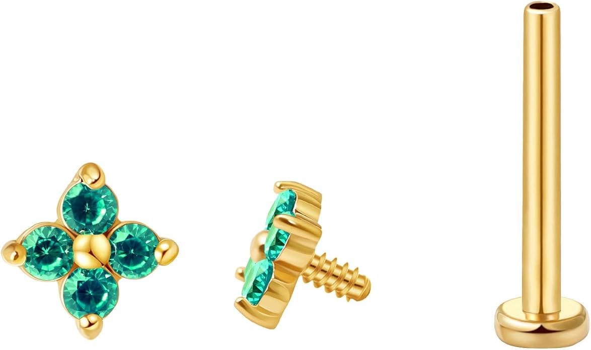 FANSING CZ Flower Internally Threaded Flat Back Earring Labret Stud for Cartilage Tragus Helix Conch