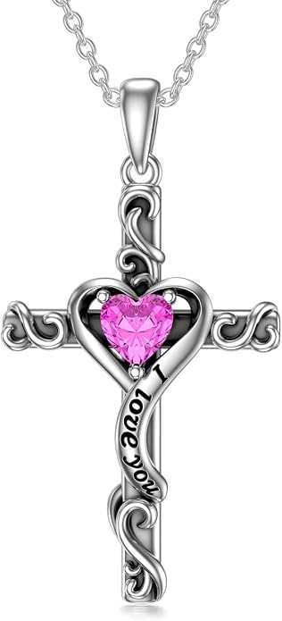 TOUPOP Cross Birthstone Necklace for Women 925 Sterling Silver Heart Cross Pendant I Love You Jewelry Anniversary Birthday Mothers Day Gifts for Mom Wife Her