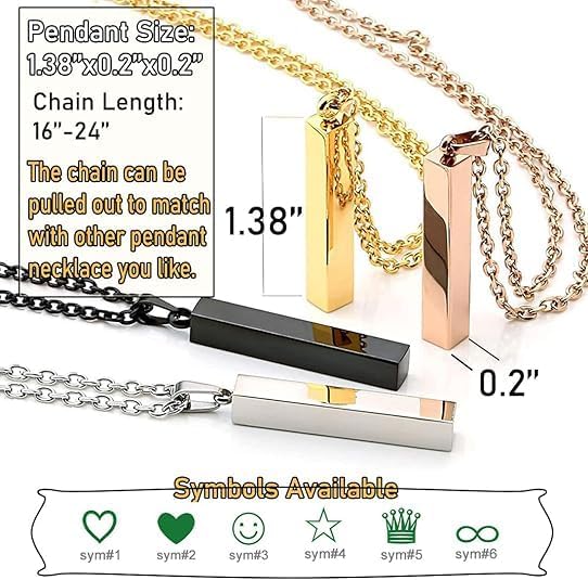 Personalized 3D Vertical Bar Necklace, Custom Necklace Engraved with Any Name Pendant Jewelry Mothers Day Gift