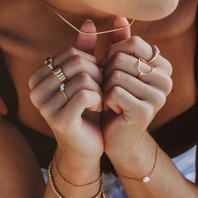 ADAJURI Minimalist Sculptural Hollow Circle Rings For Women | 18K Gold Plated Stainless Steel Water-Resistant Promise Oval Rings | Dainty Jewelry Gifts Perfect For Daily Anillos