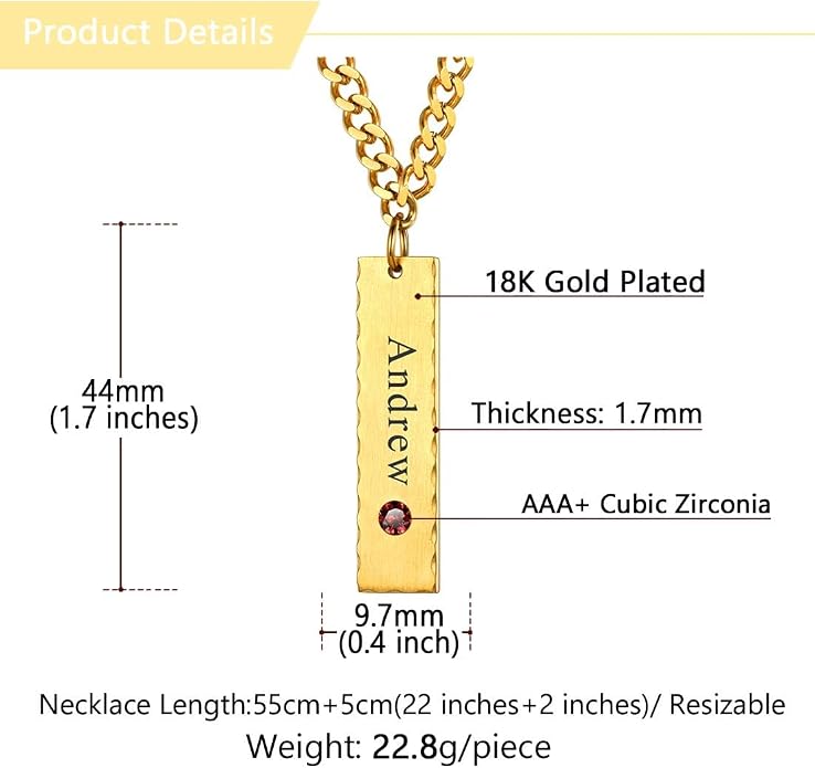 U7 Engravable Bar Necklace, Womens Choker Necklace Stainless Steel Custom Engrave Text Horizontal/Vertical Bar Pendant Necklaces for Men Women