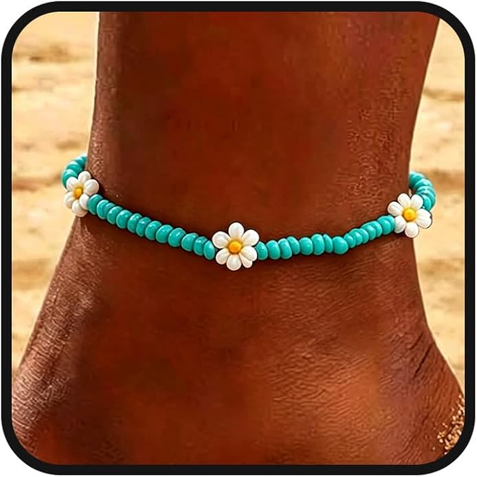 Tgirls Boho Ankle Bracelets for Women Beaded Anklets Chain Beachy Flower Foot Accessories