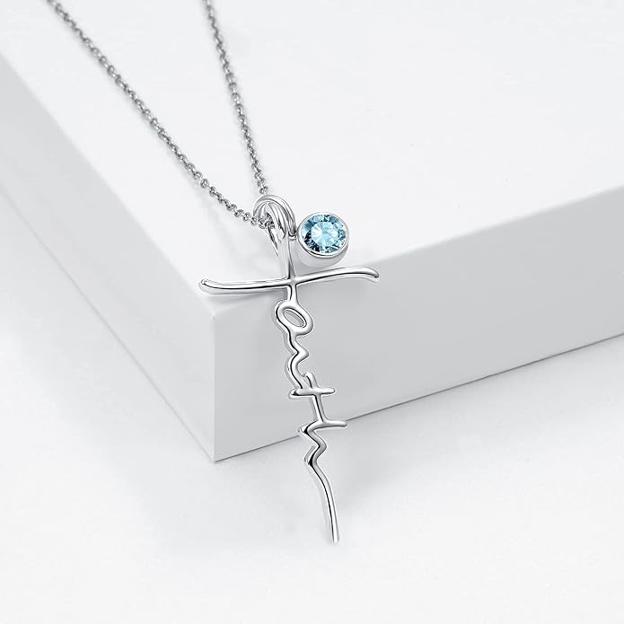 PRAYMOS Faith Cross Necklace for Women 925 Sterling Silver Pendant Necklace With Birthstone Initial Christian Religious Confirmation Baptism Mothers Day Gifts