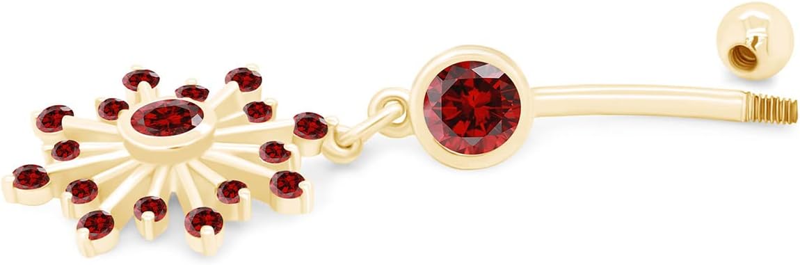 AFFY Snowflake Belly Button Ring for Women Simulated Birthstone, Round Cut Gemstone in 14K Gold Over 925 Sterling Silver, Navel Barbell Piercing Jewelry for Her