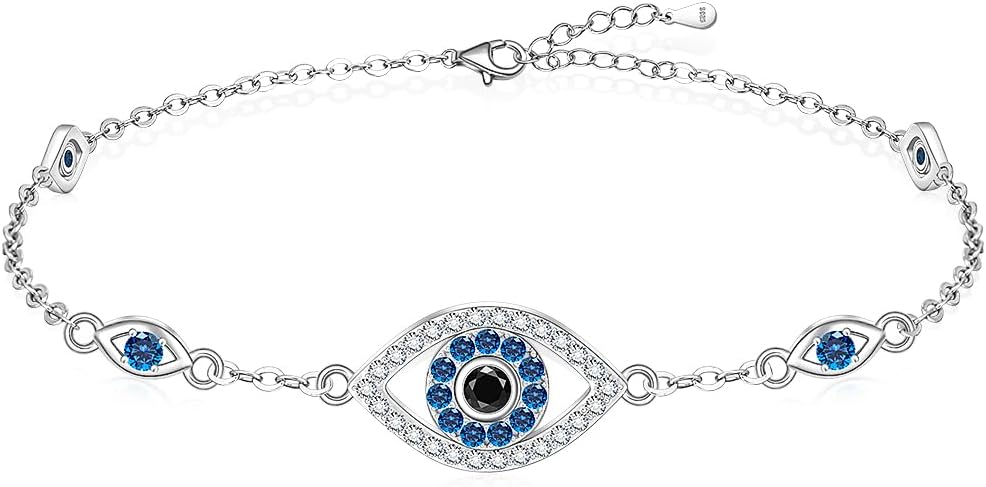 Blue Evil Eyes Link Bracelet, Evil Eye Earrings, S925 Sterling Silver Dainty Cubic Zirconia Adjustable Link Lobster Claw Clasp Chain Jewelry