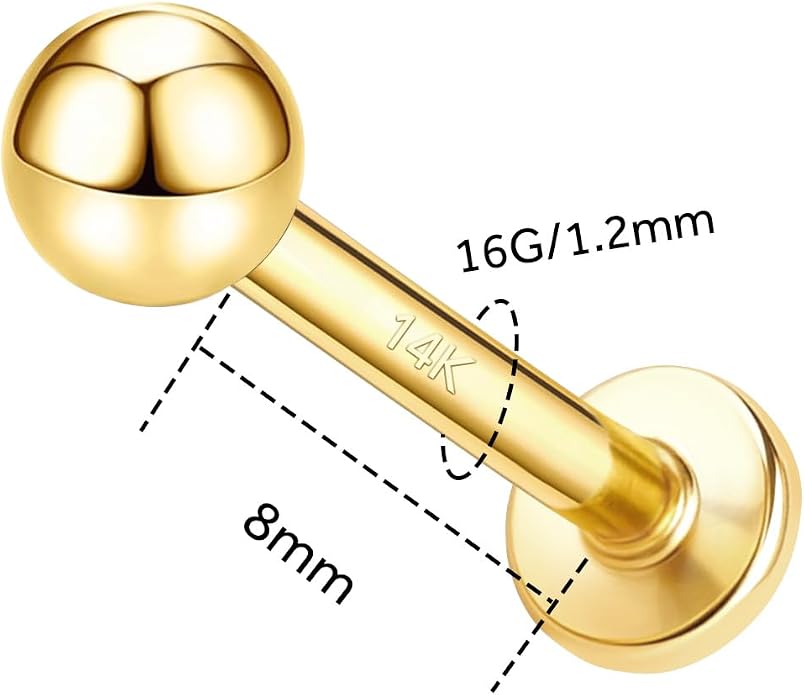 14k Yellow/White Gold Body Jewelry Earrings for Women Threaded Micro CZ Gem Top Tragus/Helix/Labret Stud 16G 6mm 8mm