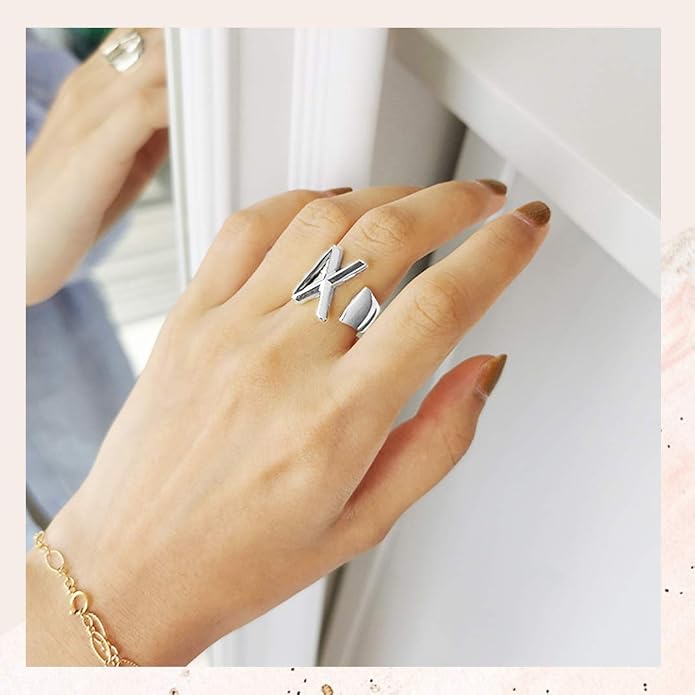 KeyStyle Bold Initial Letter Rings Adjustable, GoldChic Jewelry Women Gold Statement Ring Personalized Engraved Women’s Open Signet Ring for Party (Gold, White Gold, Black)