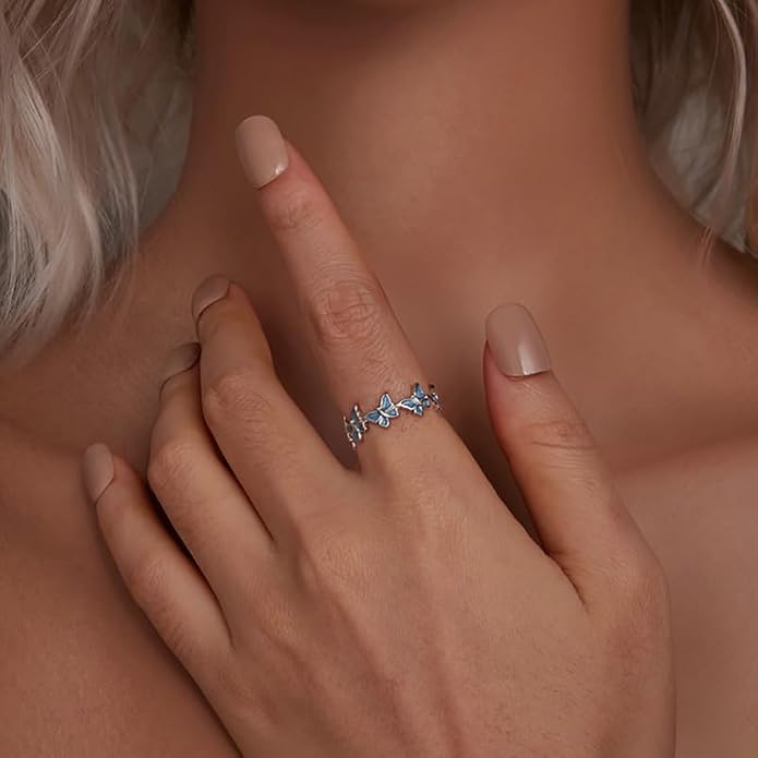 925 Sterling Silver Dainty Daisy Butterfly Paw Heart Eternity Rings Blue Flower Finger Rings for Women Stacking Promise Rings Gift Jewelry