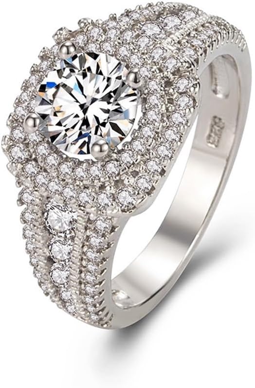 925 Sterling Silver Shiny Full Diamond Ring 18K Gold Cocktail Rings Round Cut Cubic Zirconia Promise Rings CZ Multi Row Diamond Ring Eternity Engagement Wedding Band Ring for Women Z.45 (US Code 10)