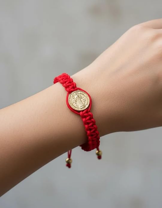 Men’s St. Benedict Red String Bracelet, Adjustable | Protection Against the Evil Eye & Negative Energy | Steel Gold Plated