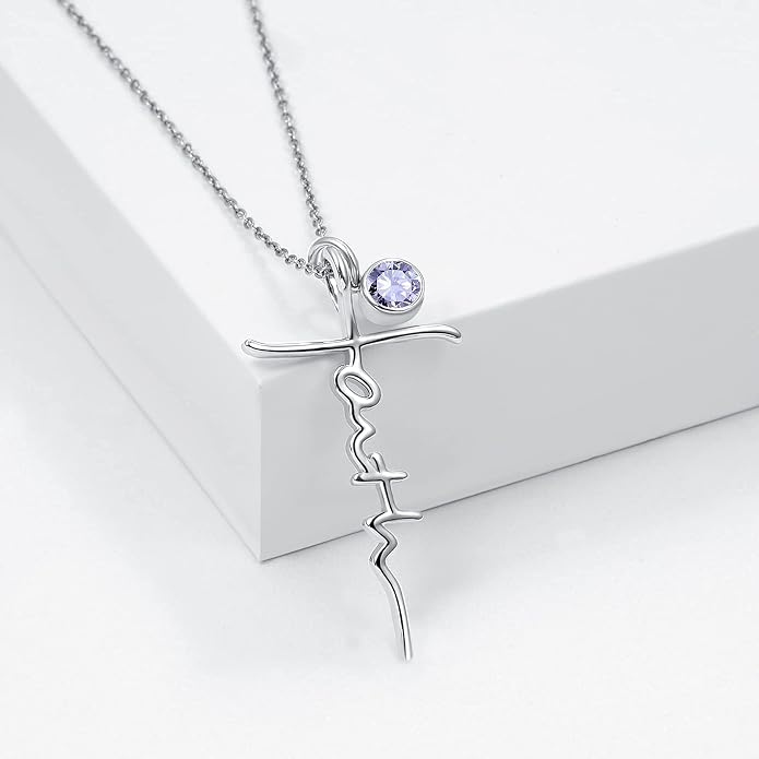 PRAYMOS Faith Cross Necklace for Women 925 Sterling Silver Pendant Necklace With Birthstone Initial Christian Religious Confirmation Baptism Mothers Day Gifts
