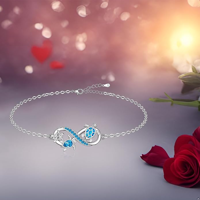 Fenthring Turtle Anklet S925 Sterling Silver Blue Opal Sea Turtle Ankle Bracelets for Women Infinity Wave Ocean Beach Summer Foot Bracelet Jewelry Layered Adjustable