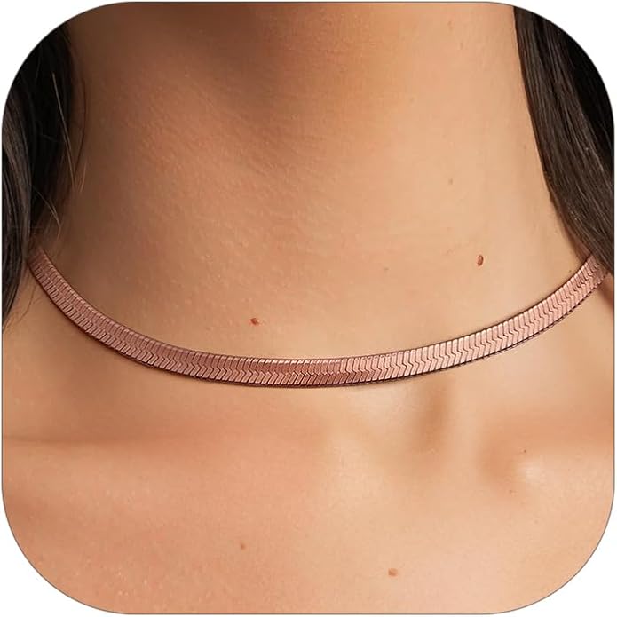 FindChic Black/14K Gold Plated Herringbone Choker Chain Necklace for Women | Waterproof Stainless Steel, Dainty Layering, Flat Snake Chain, Non-Tarnish, Hypoallergenic, Adjustable Extender, Gift Box